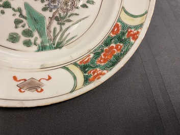 Two Chinese famille verte cup stands, a teapot and a plate, Kangxi